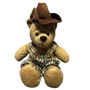 Resort Gifts Brown Cowboy Hat Hillbilly Teddy Bear Plaid Overalls Plushie Toy